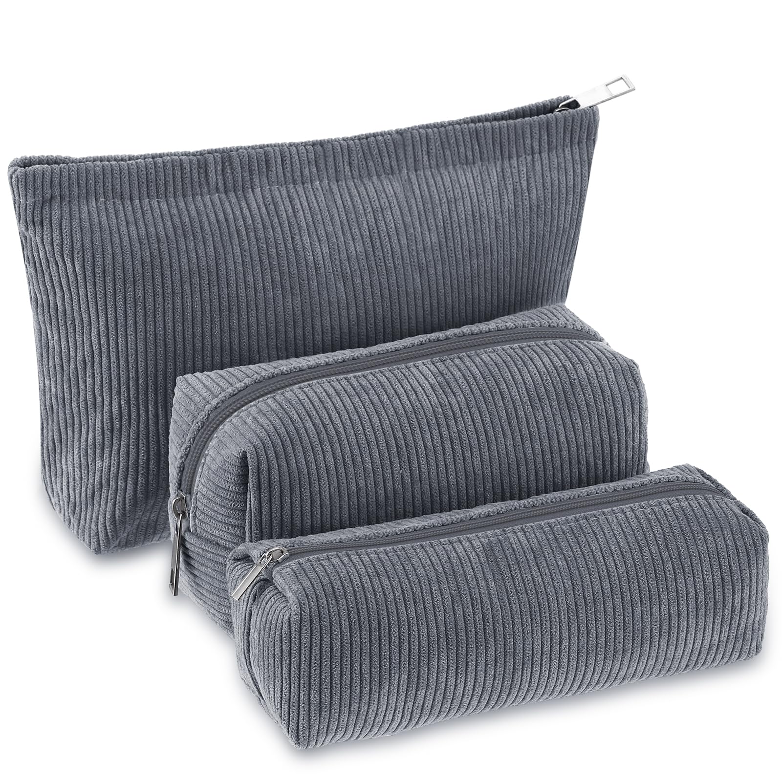 Photo 1 of Huhumy 3 Pcs Makeup Bag Set for Women Corduroy Cosmetic Pouch Aesthetic Smile Travel Toiletry Bag Cute Purse Pouch Pencil Case Makeup Brushes Storage Organizer with Zipper(Gray,Solid Style)
