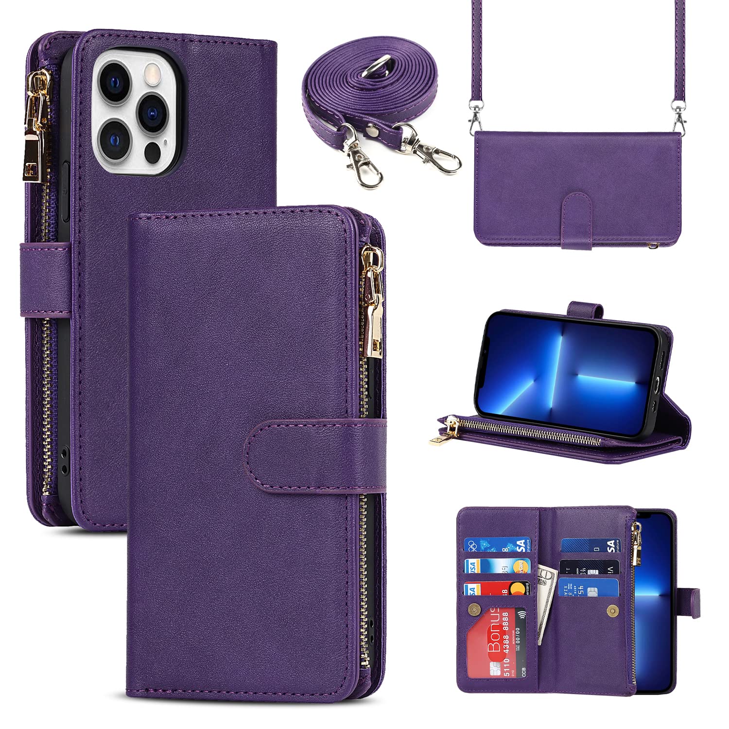 SailorTech Leather Case Crossbody Case for iPhone 13 Pro Max Flip Case Folio Cover with Card Slots Magnetic Buckle Zipper Wallet Case with Adjustable Necklace Strap Lanyard Cases Purple