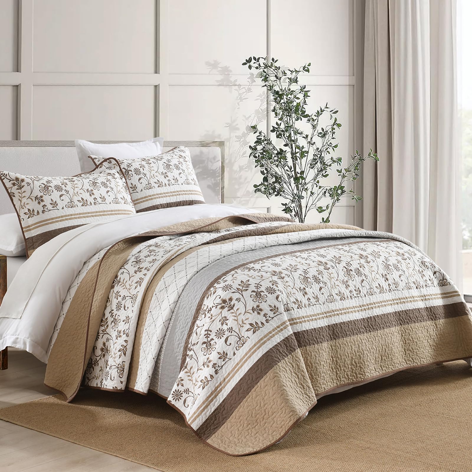 Photo 1 of SOElinens Striped Quilt King Size - Brown Quilt Set with Matching Shams, Vintage Floral Design Farmhouse Bedding Bedspread, 3 Pieces 100% Cotton Lightweight Coverlet Home Decor for All Season