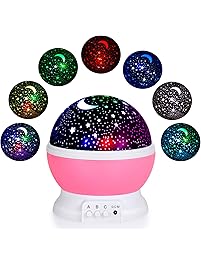 EOMOO Baby Night Lights for kids,Starry Night Light Rotating Moon Stars Projector, 7 Color Options Romantic Night Lighting Lamp, USB Cable/Batteries Powered for Nursery, Bedroom