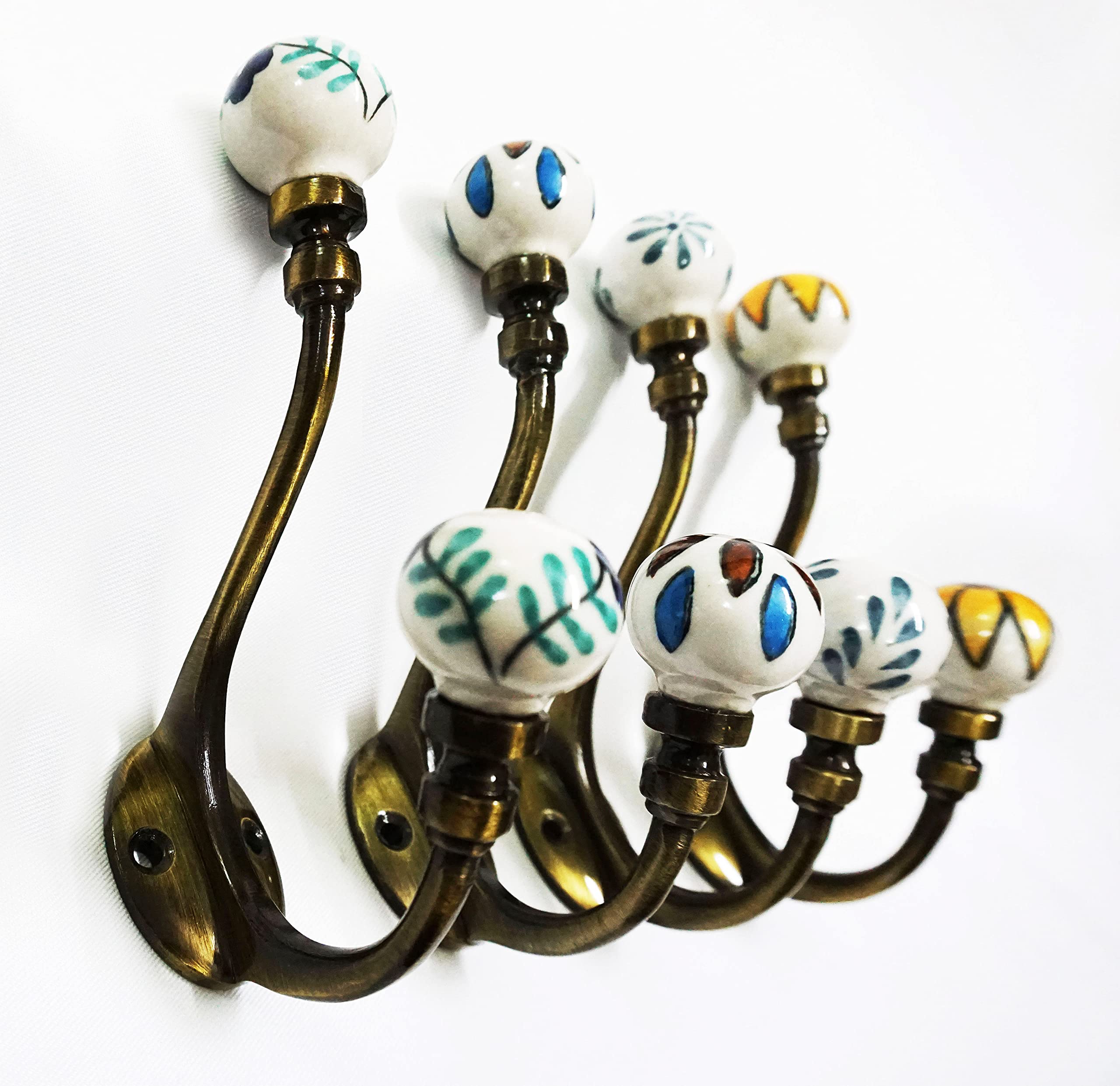 4 x Vintage Look Floral Wall Metal Painted Ceramic Coat Hook Hanger Door Cafe Office