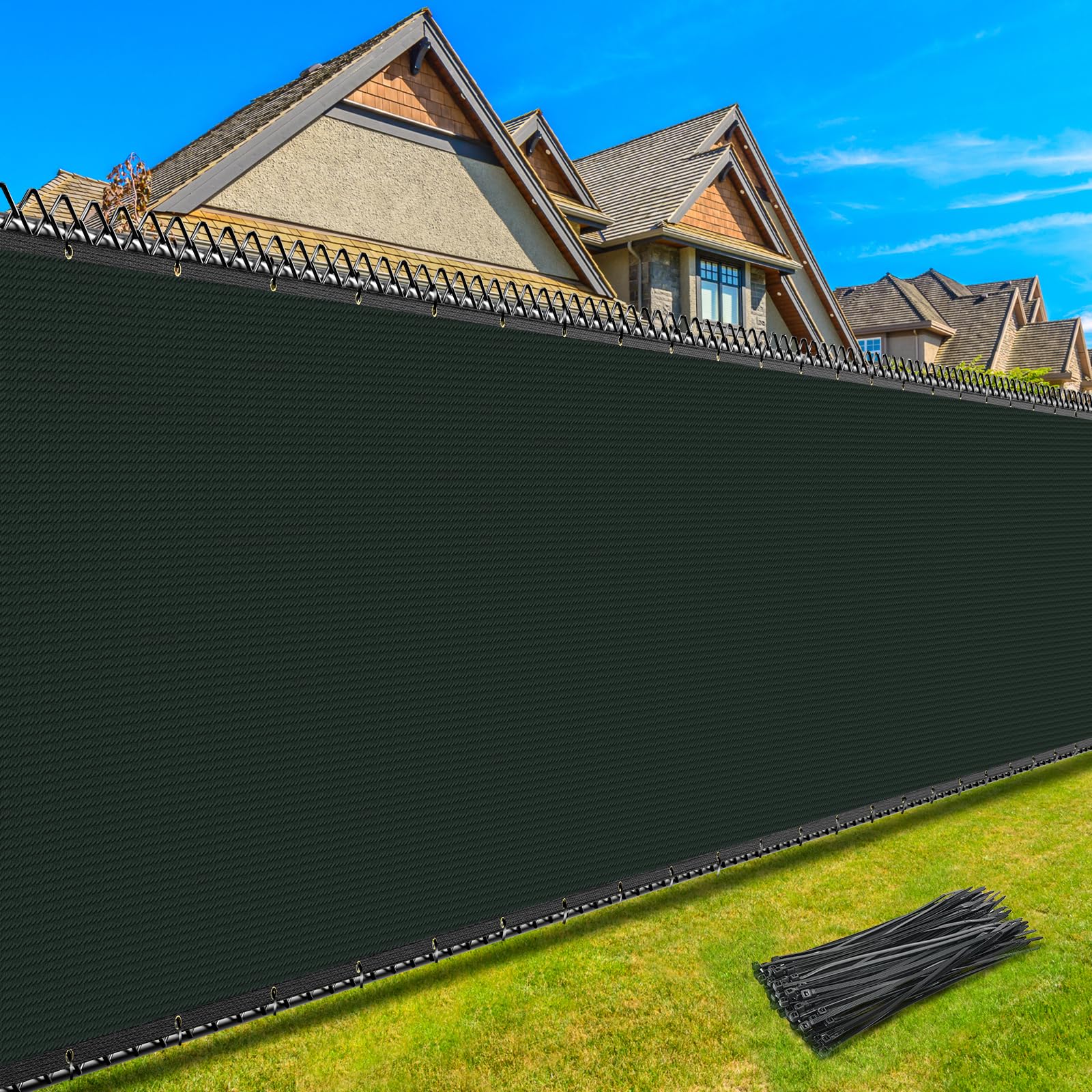 Photo 1 of Kesfitt Fence Privacy Screen,5X50FT Heavy Duty 170GSM Fence Covering Privacy with Straps & Brass Grommets,90% Privacy Blockage Mesh Shade Net for Balcony Yard Outdoor Pool(Deep Green)