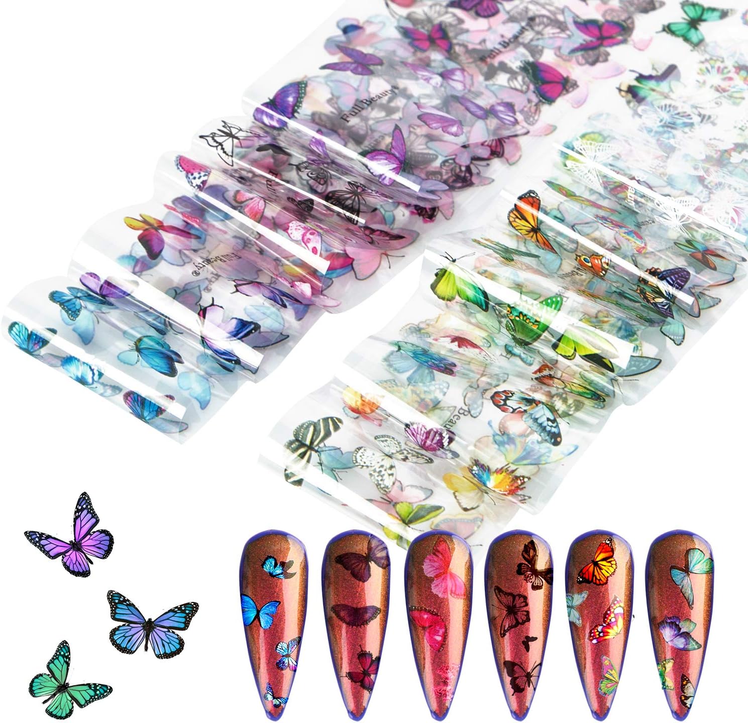 Butterfly Nail Art Foil Transfer Decals, 10 Sheets Butterfly Foil Nail Art Decals Adhesive Decals Starry Manicure Transfer Nail Art Decals DIY Decoration Kit (Green): Arts, Crafts & Sewing