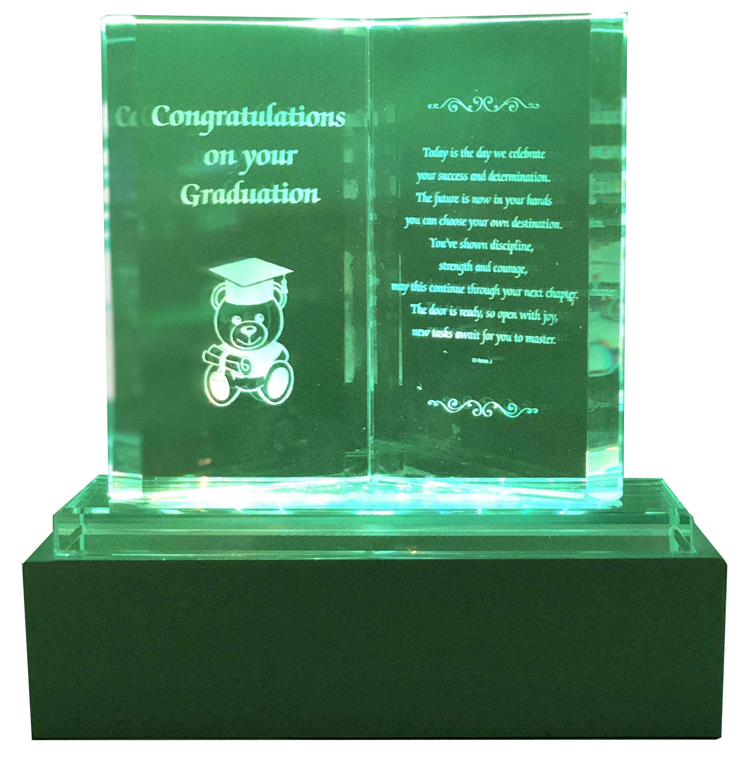 Congratulations on Your Graduation Crystal Glass Book Colorful Lights | Memorial Plaque with LED Stand Ornaments - Keepsake Novelty Passing Exam Gift