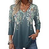 Zeagoo 3/4 Length Sleeve Womens Tops Casual V Neck Pleated Top Boho Floral Blouses Work Shirts