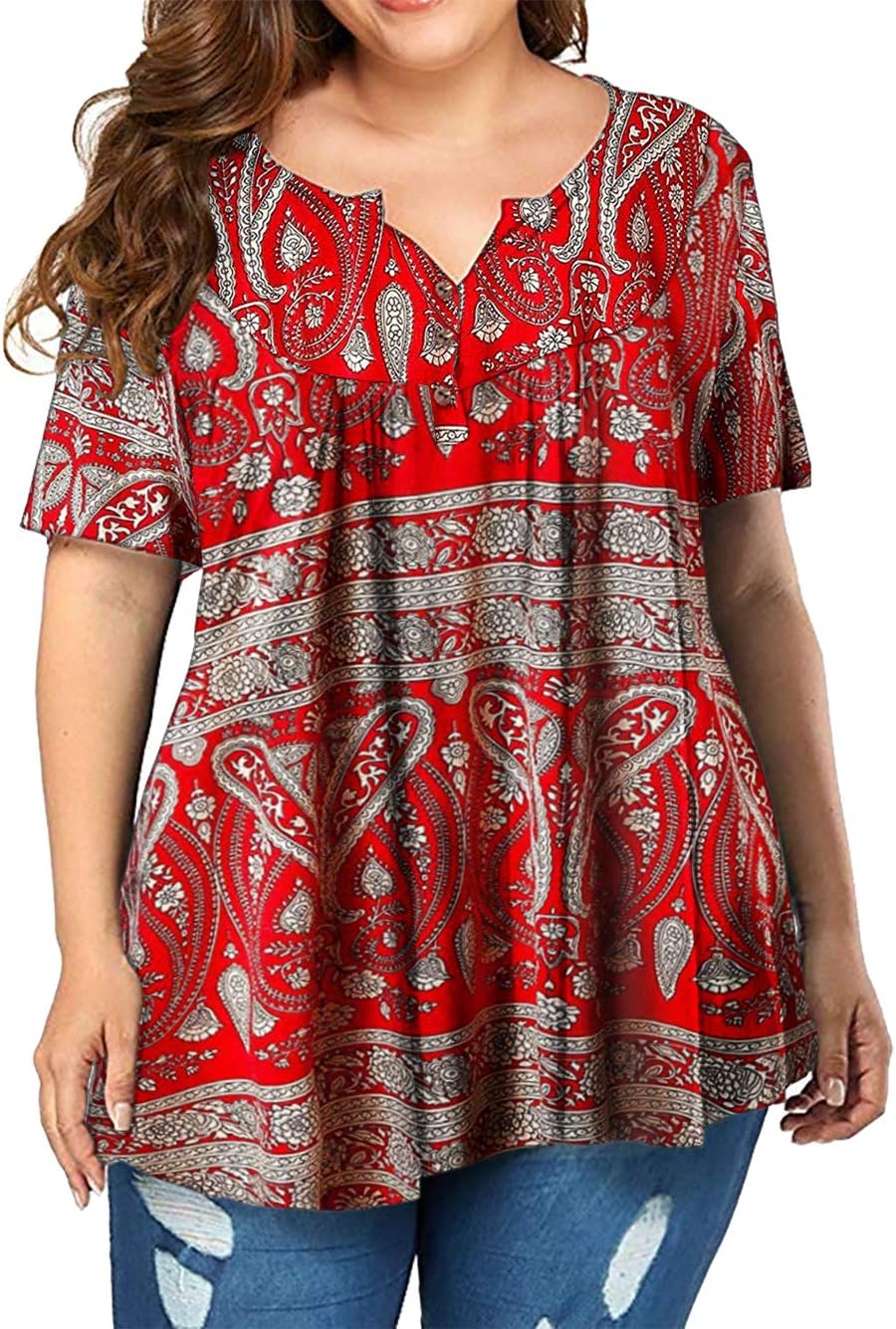 VISLILY Women's Plus Size Henley Shirt Short Sleeve Buttons Up Pleated Tunic Tops