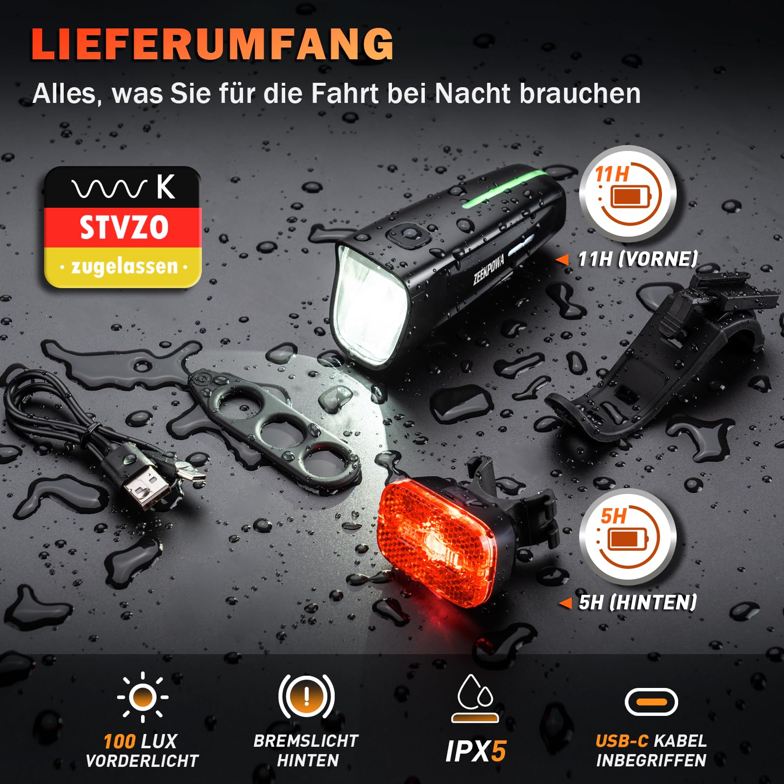 Fahrradlicht Set 100 Lux StVZO, USB-C Akku Vorderlicht + Rücklicht mit Bremslichtfunktion, wasserdicht IPX5 für Pendler & Nachtfahrten 7