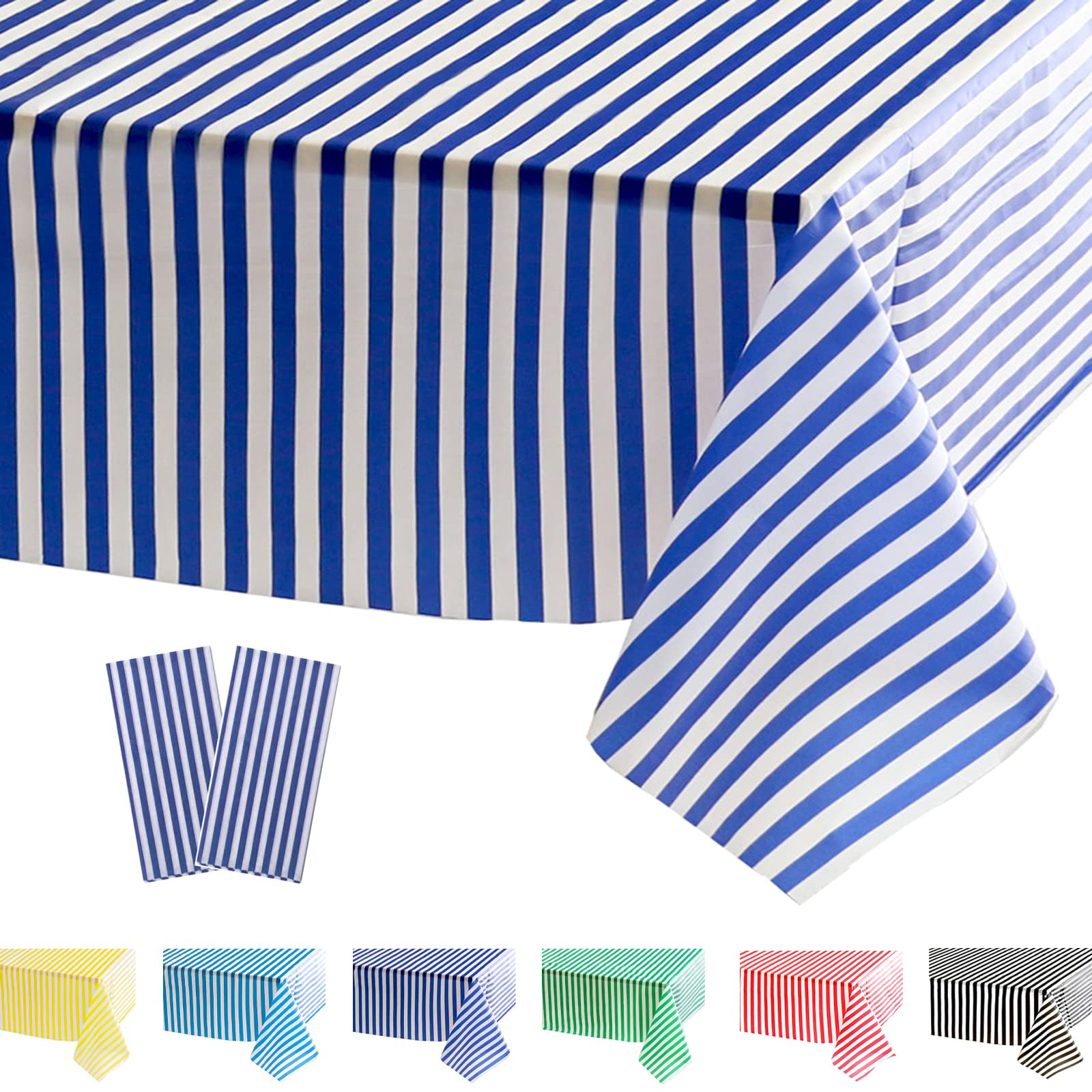 POPOYU 2Pcs Blue Stripe Table Cloth,Blue and White Table Covers,137*274cm Birthday Party Rectangular Dining Table Cover Tablecovers Plastic Tablecloths for Picnic,Christmas,Birthday Party Decoration