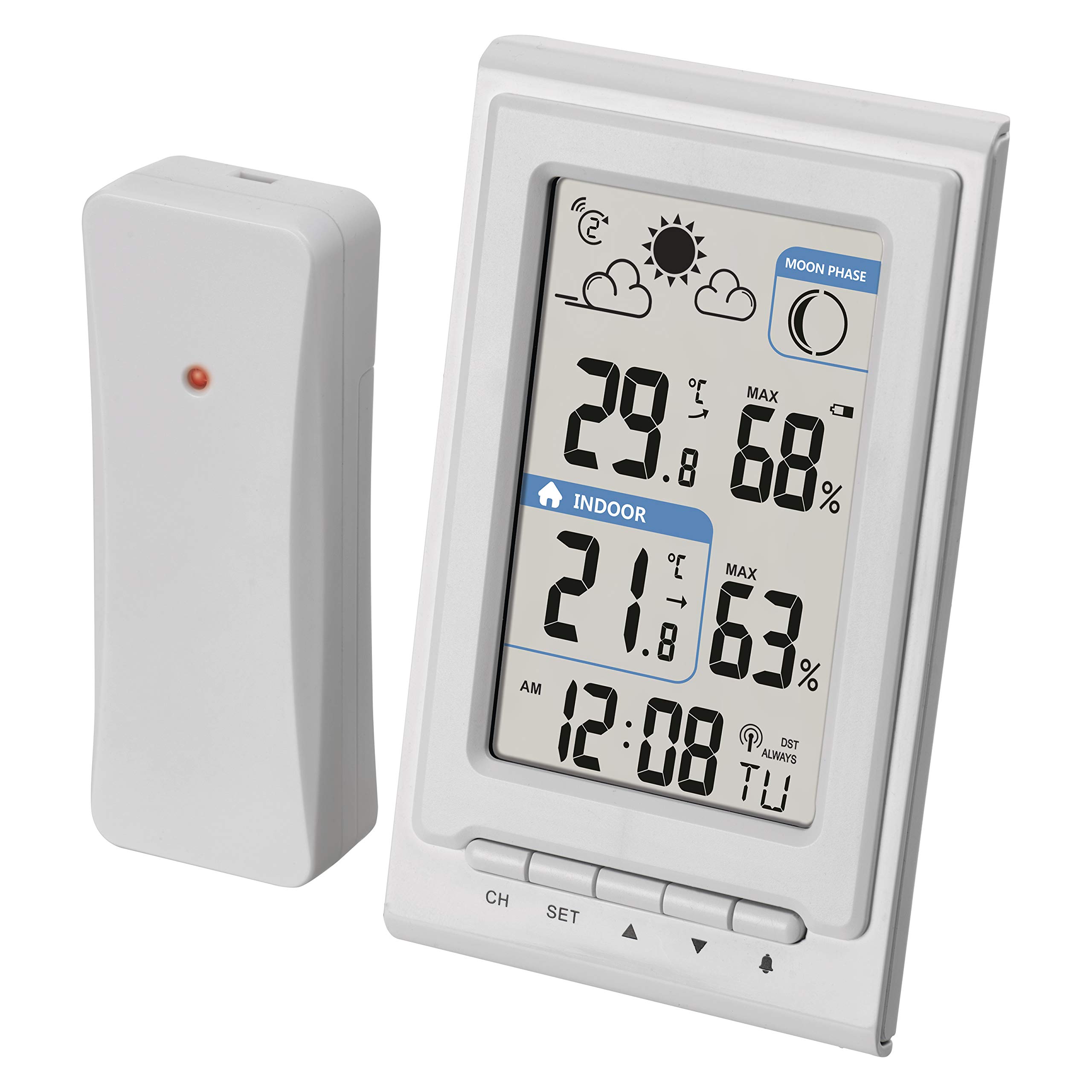 EMOS Mini Wireless Weather Station with Outdoor Sensor, Measures Indoor and Outdoor Temperature, Humidity, Weather Forecast, Radio-Controlled Clock with Alarm Clock, White