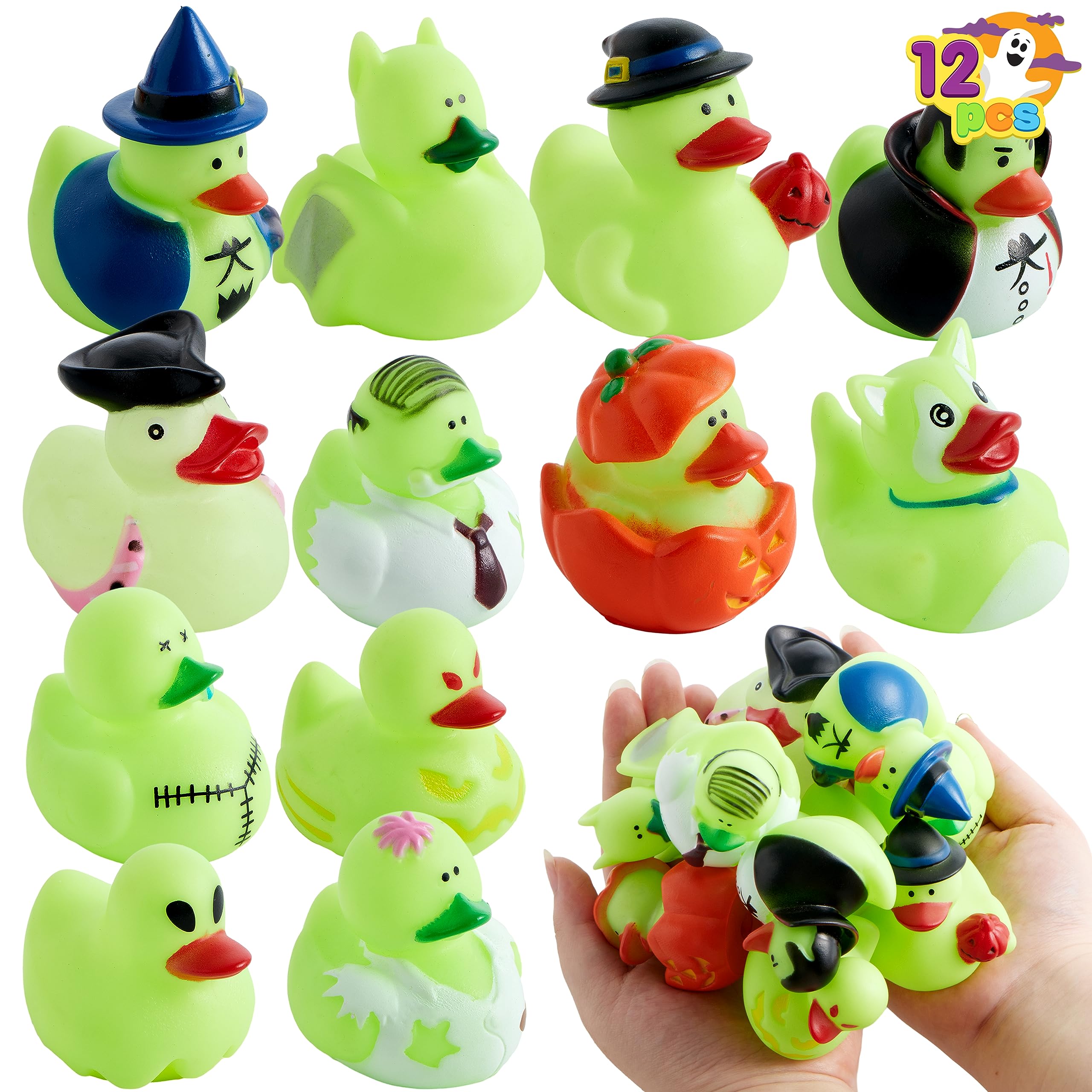 Photo 1 of JOYIN 12 PCS Halloween Glow Ducks Bath Toys, Rubber Ducks for School Classroom Prizes, Glow in The Dark Duckies for Trick or Treating Goodie Bag Fillers, Halloween Party Favors Decorations