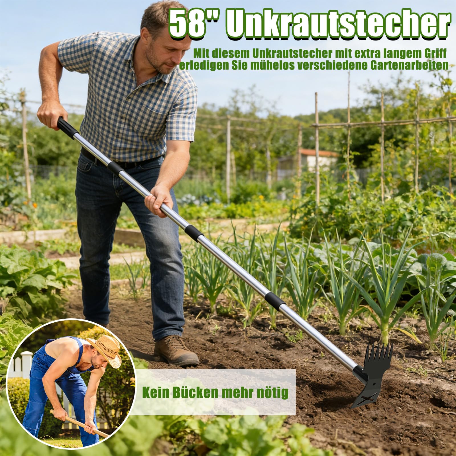 YL Unkrautstecher mit Länge Stiel 1.47 m, 2 in 1 Manuell Gartenhacke 6 Zinken & Flachhacke, Unkrautjäter, Effizientes Unkrautentferner für Hof, Rasen, Terrasse und Garten 4