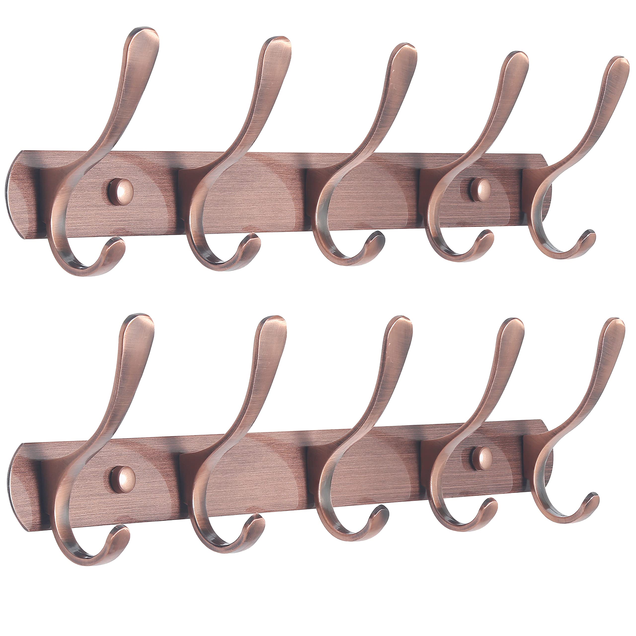 SKOLOO Coat Rack Wall Mount - Modern, Metal Wall Coat Rack with 5 Hooks, Pack of 2, Sturdy Wall Hook Rack Rail for Hanging Coat, Jacket, Clothes, Hat, Red Copper