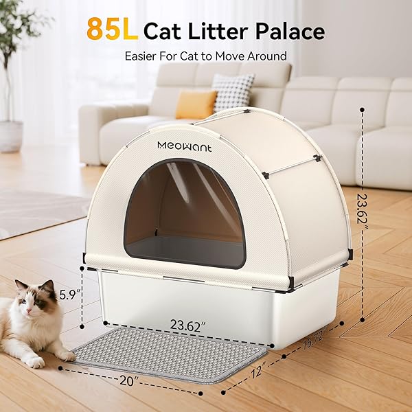 MEOWANT STAINLESS STEEL CAT LITTER BOX, EXTRA LARGE 3-IN-1 COVERED LITTER BOX WITH HIGH SIDED OXFORD FABRIC COVER & EXTENDABLE LITTER SCOOP, LEAKPROOF, ODOR RESISTANT, NON-STICKY, EASY CLEANING