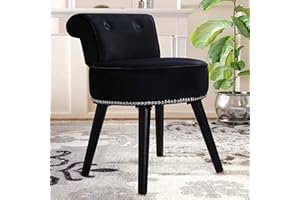 MUPATER Makeup Vanity Stool Chair with Low Back, Round Velvet Padded Chair with Wood Legs, Black