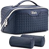 BOYATU Travel Makeup Bag Cosmetic Bags for Women: Large Capacity 3 Pcs Set Make up Bag with Compartments - Waterproof Vegan Leather Toiletry Organizer Bags with Handle (L40 Blue)