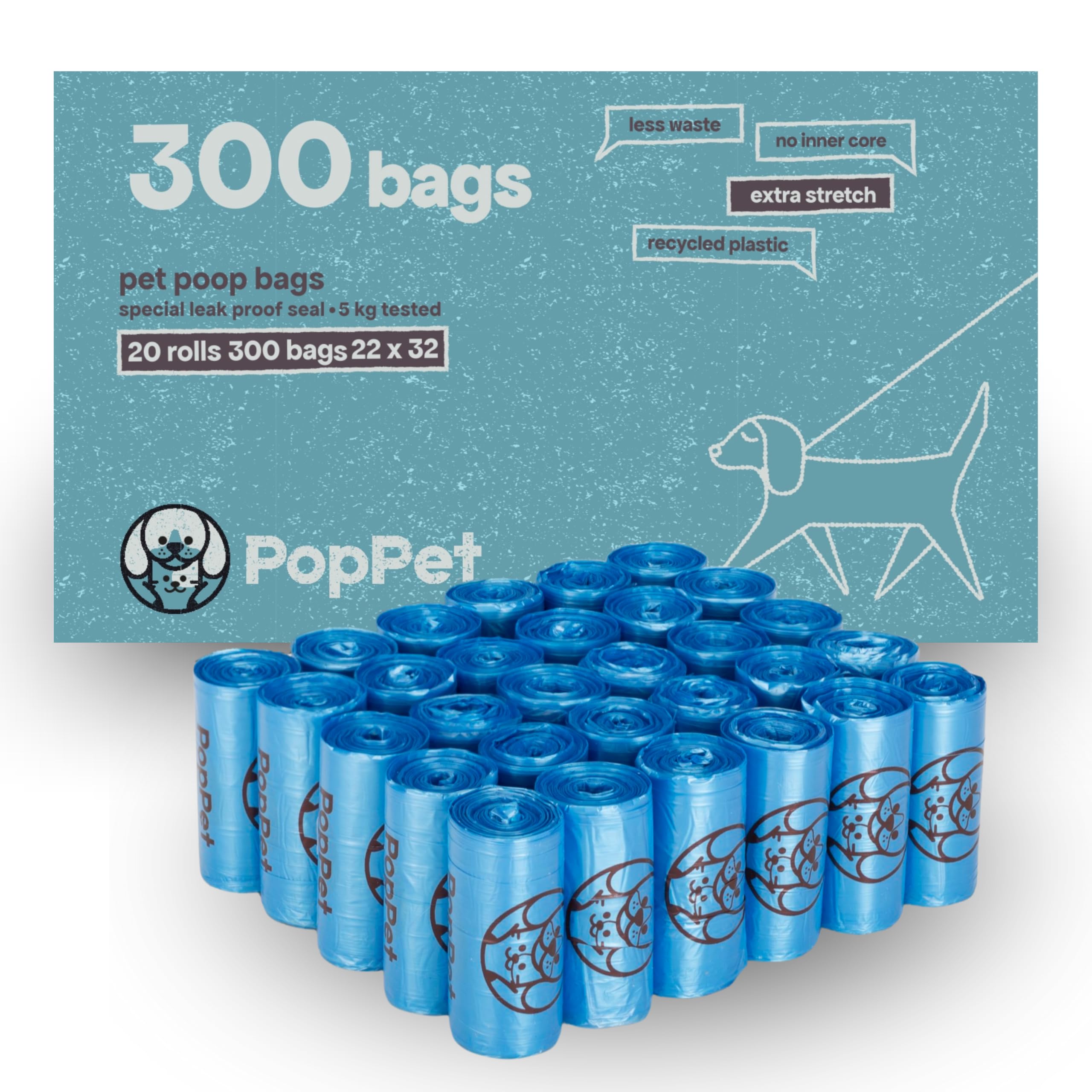 Poppet, Extra Stretch Dog Poop Bags - Heavy Duty Easy to Open and Leak Proof Recycled Material for All Dispensers (Normal, 300 Packs)