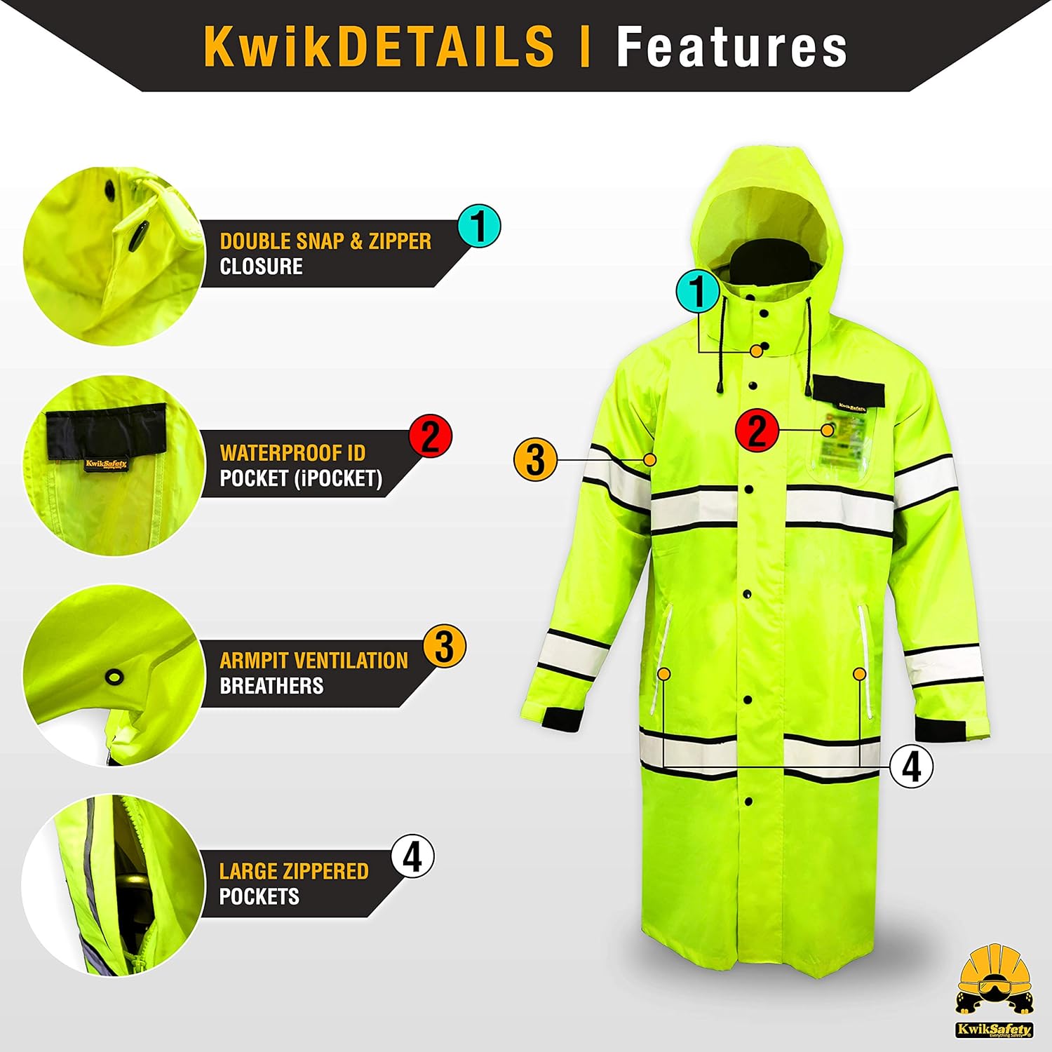 KwikSafety (Charlotte, NC) TORRENT Class 3 Safety Trench Coat | High Visibility Waterproof Windproof Safety Rain Jacket | Hi Vis Reflective ANSI Work Wear | Rain Gear Hideaway Hood Carry Bag | Small - - 