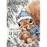 Covido Hello Winter Squirrel Decorative Garden Flag, Christmas Animal Acorn Red Berry Pine Needle Yard Outside Decorations, Seasonal Burlap Outdoor Small Home Decor Double Sided 12 x 18