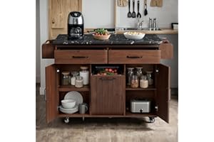 Acurax Kitchen Island with Trash Can Storage Cabinet, Rolling Movable Wheels Cart with Drop Leaf, for 9 Gallon Garbage Bin, with Towel Rack and Drawer,Black and Brown
