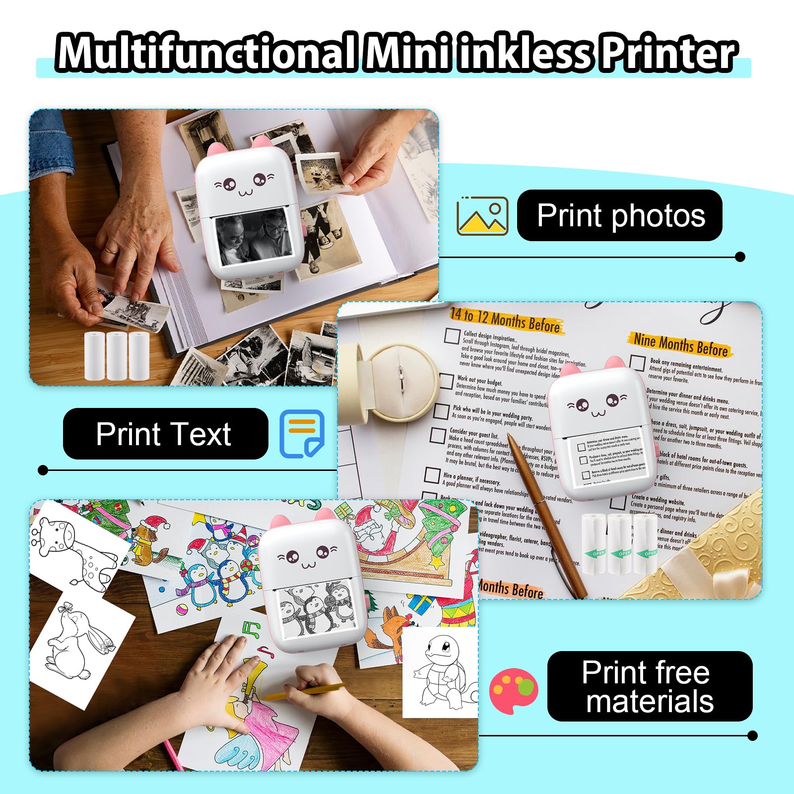 HuiJuKeJi Mini Sticker Printer Cat Bluetooth Smart Pocket Inkless Thermal Printer with 7 Rolls Thermal Paper and Sticker for iOS&Android, Portable Receipt Printer for Photo Journal Notes Memo - Pink
