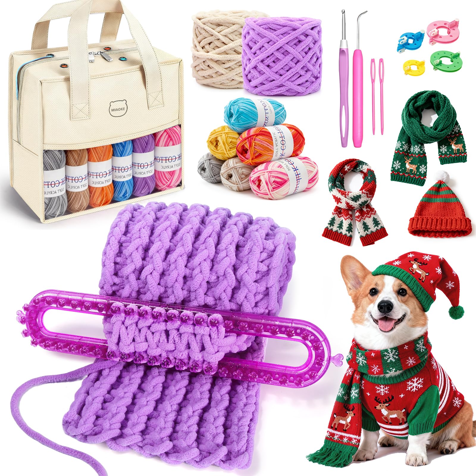 MIAOKE Weaving Loom Kit for Scarf with Pompom Maker, Long Knitting Loom Includes Storage Bag, Binding Needles, Yarn and Crochet Hooks, for Making Hats,Gloves and Blanket,DIY Craft Kit for Beginners