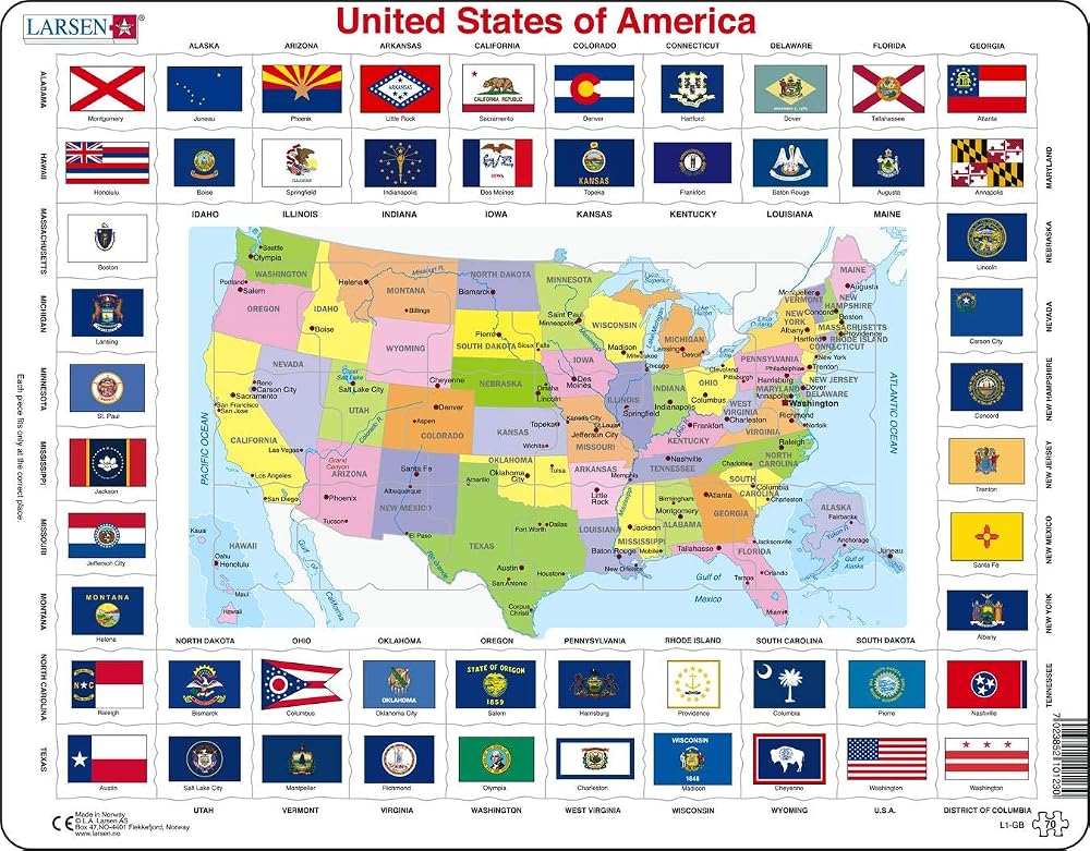 Larsen L1 USA Political Map Jigsaw Puzzle 70pc Kids Educational Geography Tray
