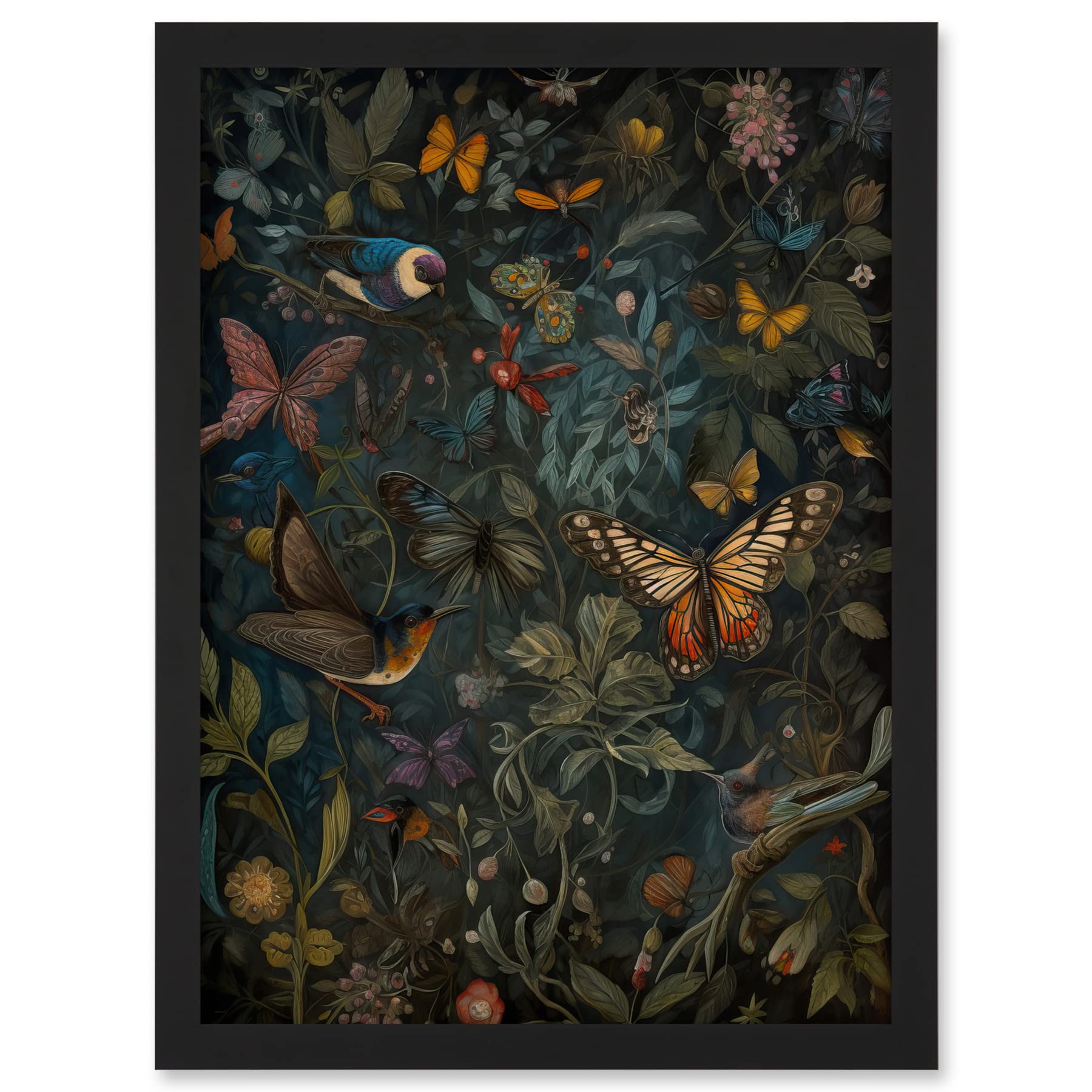 Artery8 William Morris Style Plants Birds and Butterflies Artwork Framed A3 Wall Art Print