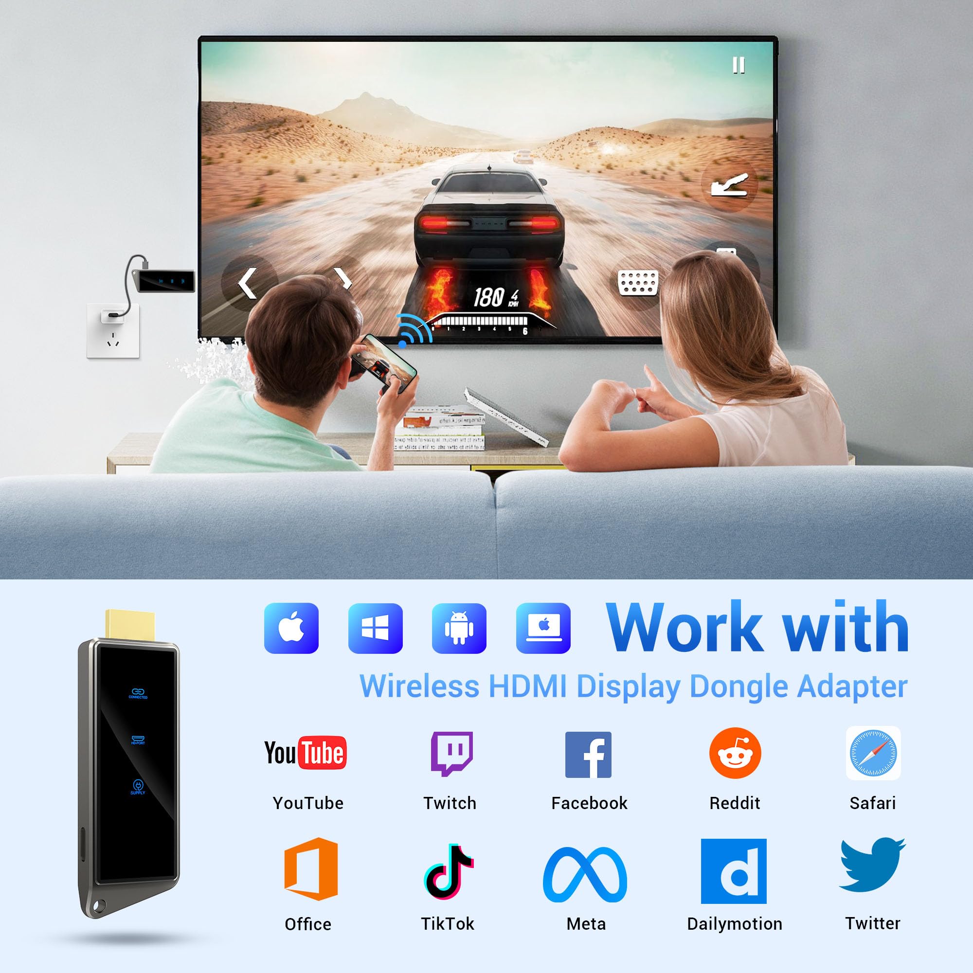 Wireless HDMI Display Dongle Adapter 1080P/60hz, Screen Mirroring Video & Audio Receiver for Streaming Movies, 4K Decoding 2.4/5G for iPhone Android Window to TV, Support Miracast Airplay DLNA