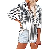 OMSJ Women's Striped Button Down Shirts Casual Long Sleeve Stylish V Neck Blouses Tops with Pockets