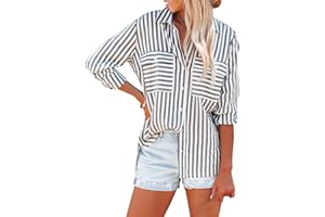 OMSJ Women's Striped Button Down Shirts Casual Long Sleeve Stylish V Neck Blouses Tops with Pockets
