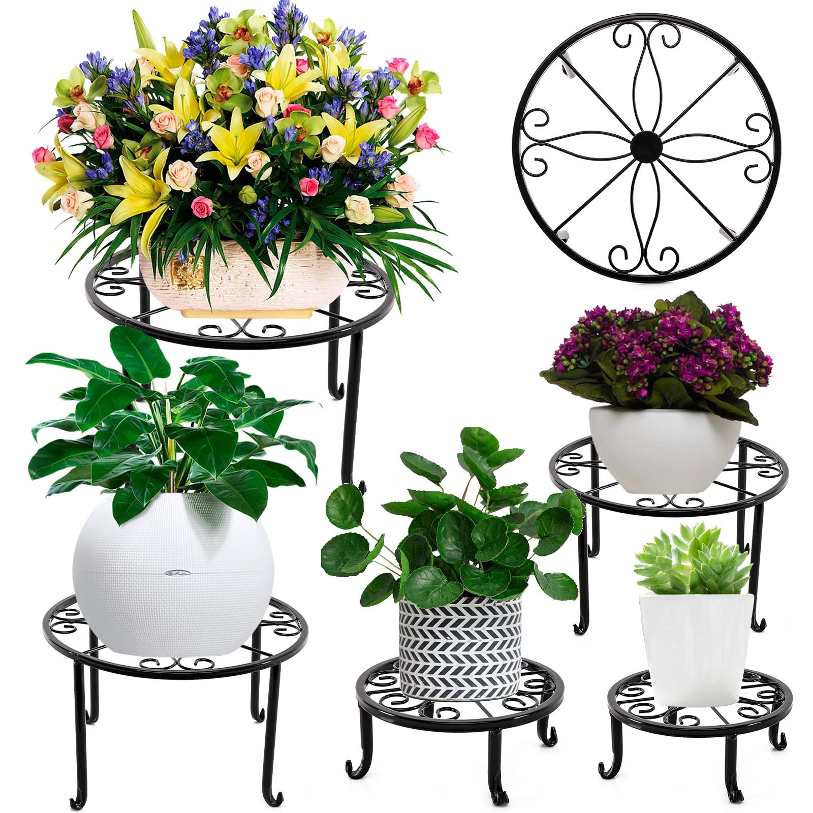 Photo 1 of NSYOOMH 5 packs Rustproof Metal Plant Stands for Multiple Plant, Heavy Duty Plants Holder Outdoor Indoor, Round Wrought Iron Flower Planter Pot Stand, Corner Gardening Pumpkin Stand Black
