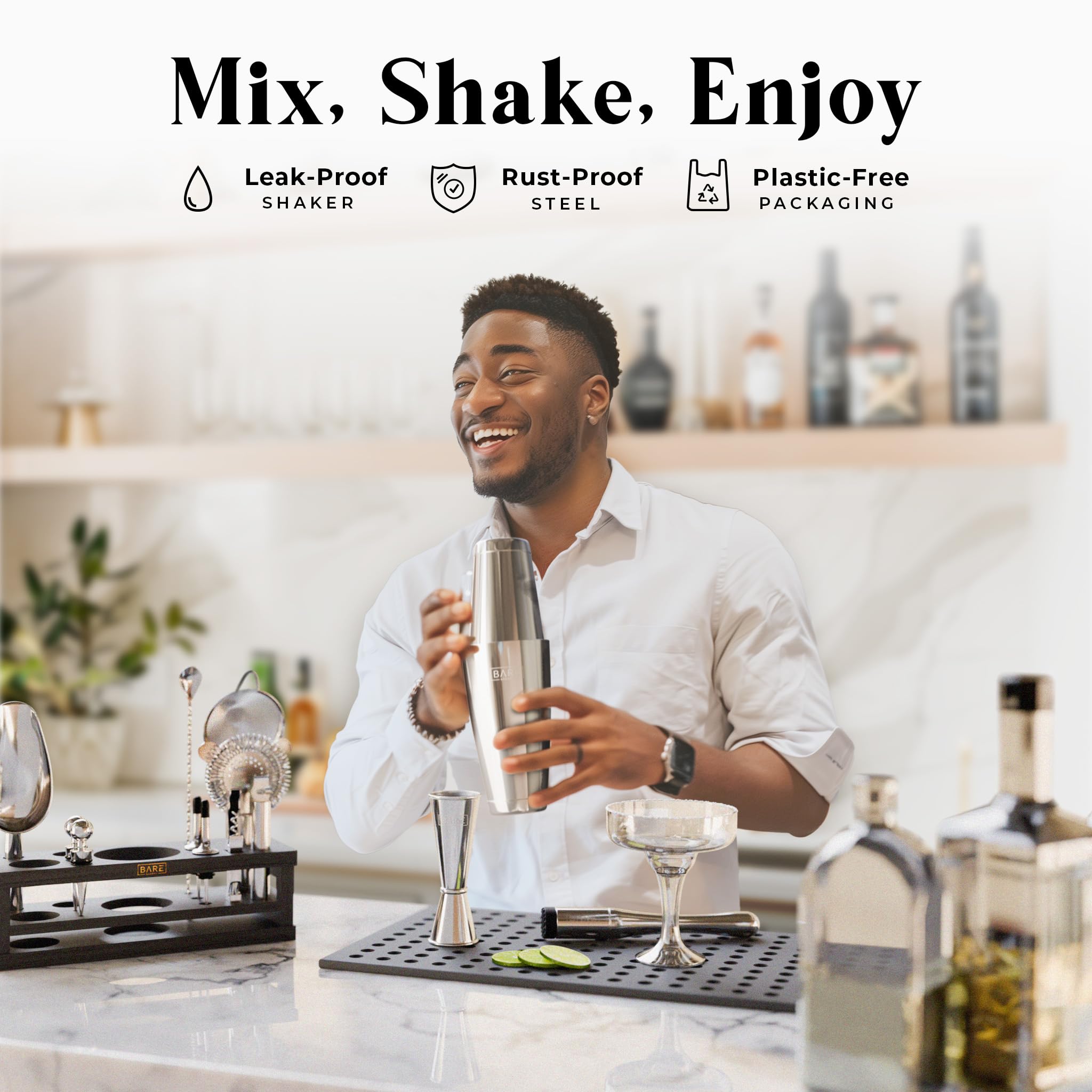 BARE BARREL® Mixology Bartender Kit Bar Set | 16-Piece Cocktail Shaker Set | Martini Barware Mixing Tools for Home Bartending | Incl. 35 Recipe Cards | Gift Set (28oz Boston Shaker, Silver/Black) - Image 3