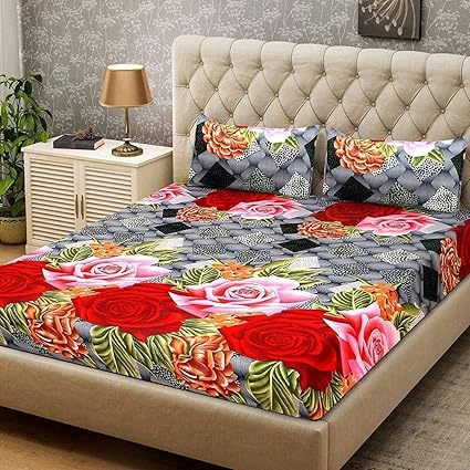 RS Home Furnishing Floral Design Print 100% Premium Cotton King Size Double Bedsheet with 2 Pillow Covers Multi Colour