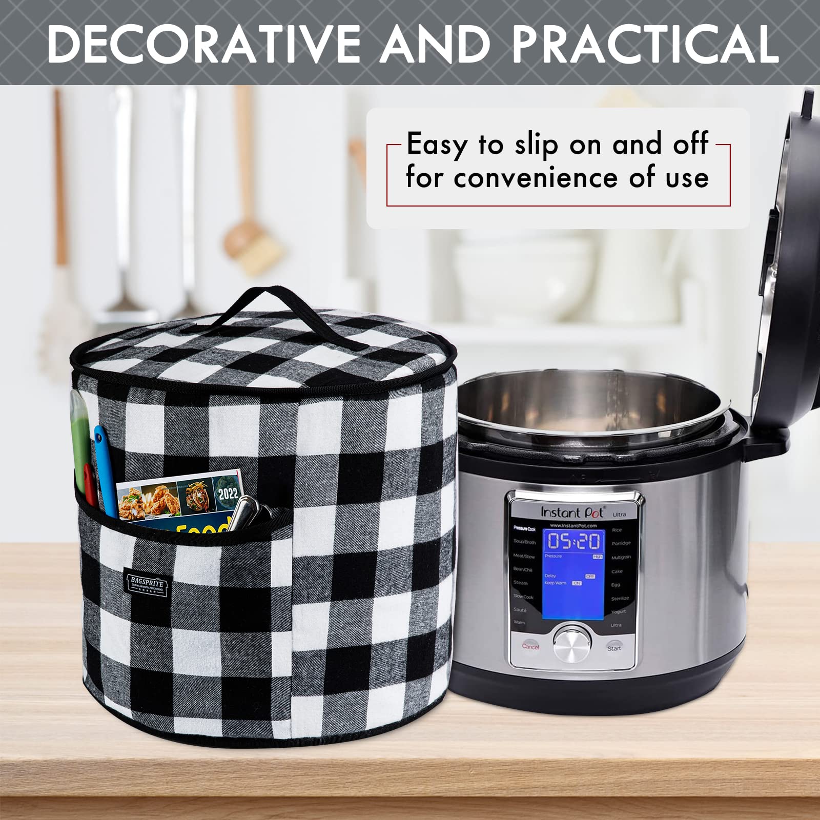 BAGSPRITE Dust Protection for Instant Pot 6 Quart Device Covers - Insulated Pressure Cooker Cover with Pockets for Kitchen Instant Pot Accessories - Instant Cover Buffalo Check