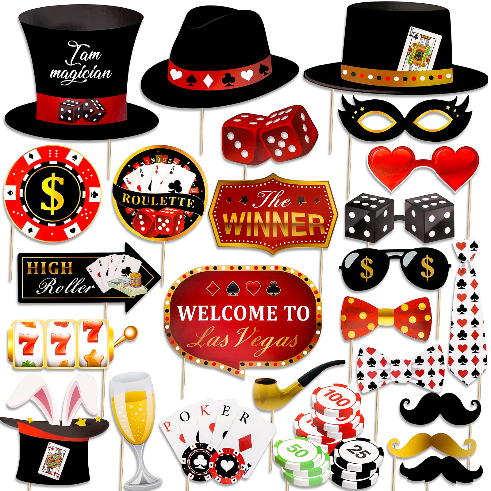 Qpout Las Vegas Casino Photo Booth Props Funny DIY Poker Theme Selfie Props Kit For Night Party Decoration Party Favors 25 Pieces