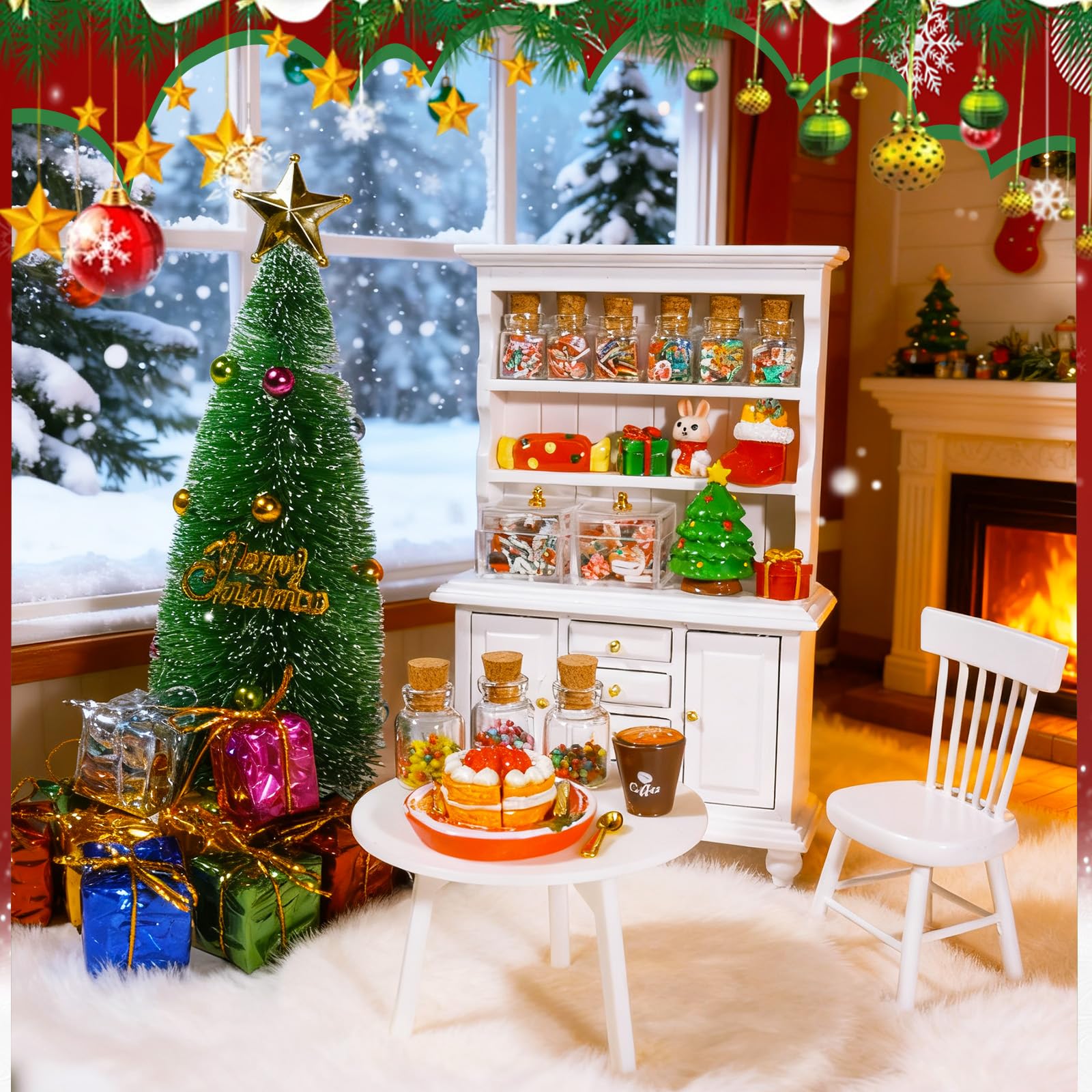 Rileryan 1:12 Scale Mini Christmas House Accessories Kit Christmas Miniatures Decorations Miniature Wooden Furnitures Bookshelf Desk Chair