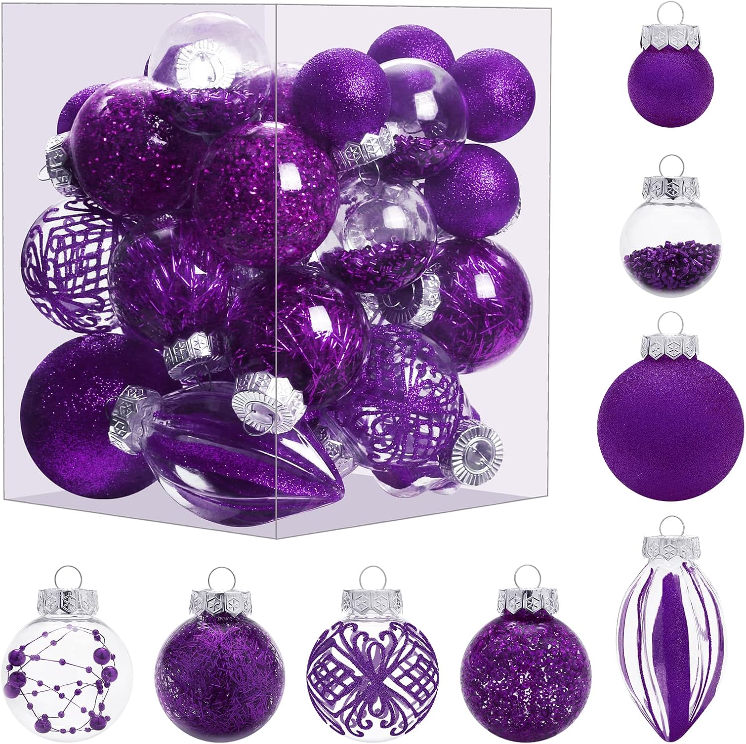 Ornaments - MoonXmas Christmas Ornaments Set, 32Pcs Clear Plastic Shatterproof Christmas Ball Hanging Ornaments for Xmas Tree Decorations, for Indoor Home Thanksgiving Party Holiday Decor - Purple.