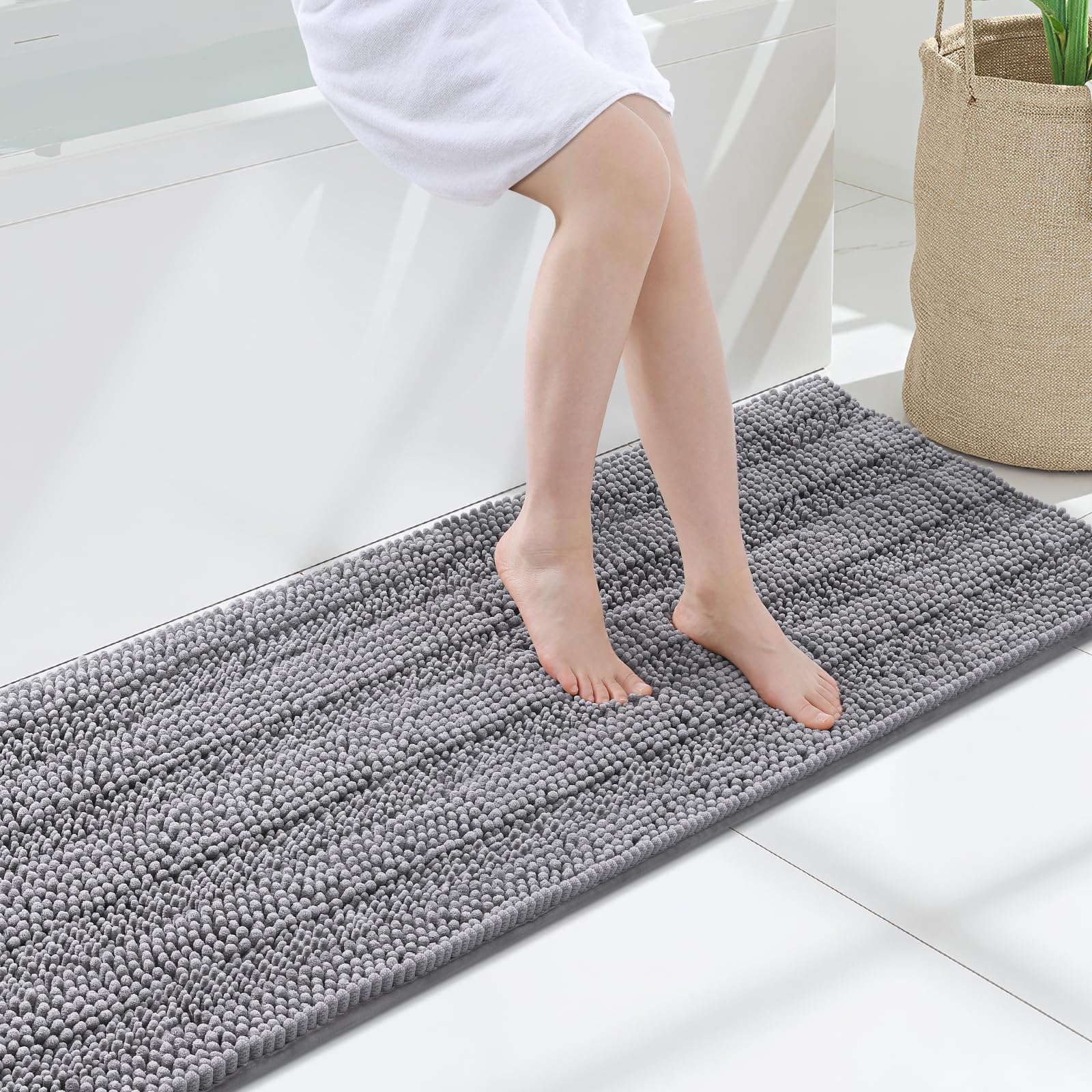 Grandaily Chenille Striped Bathroom Rugs 59x24, Extra Thick and Soft Absorbent Bath Mats, Rubber Backing, Plush Shaggy Shower Carpet, Machine Wash Dry, Bath Rug for Bathroom, Grey Image
