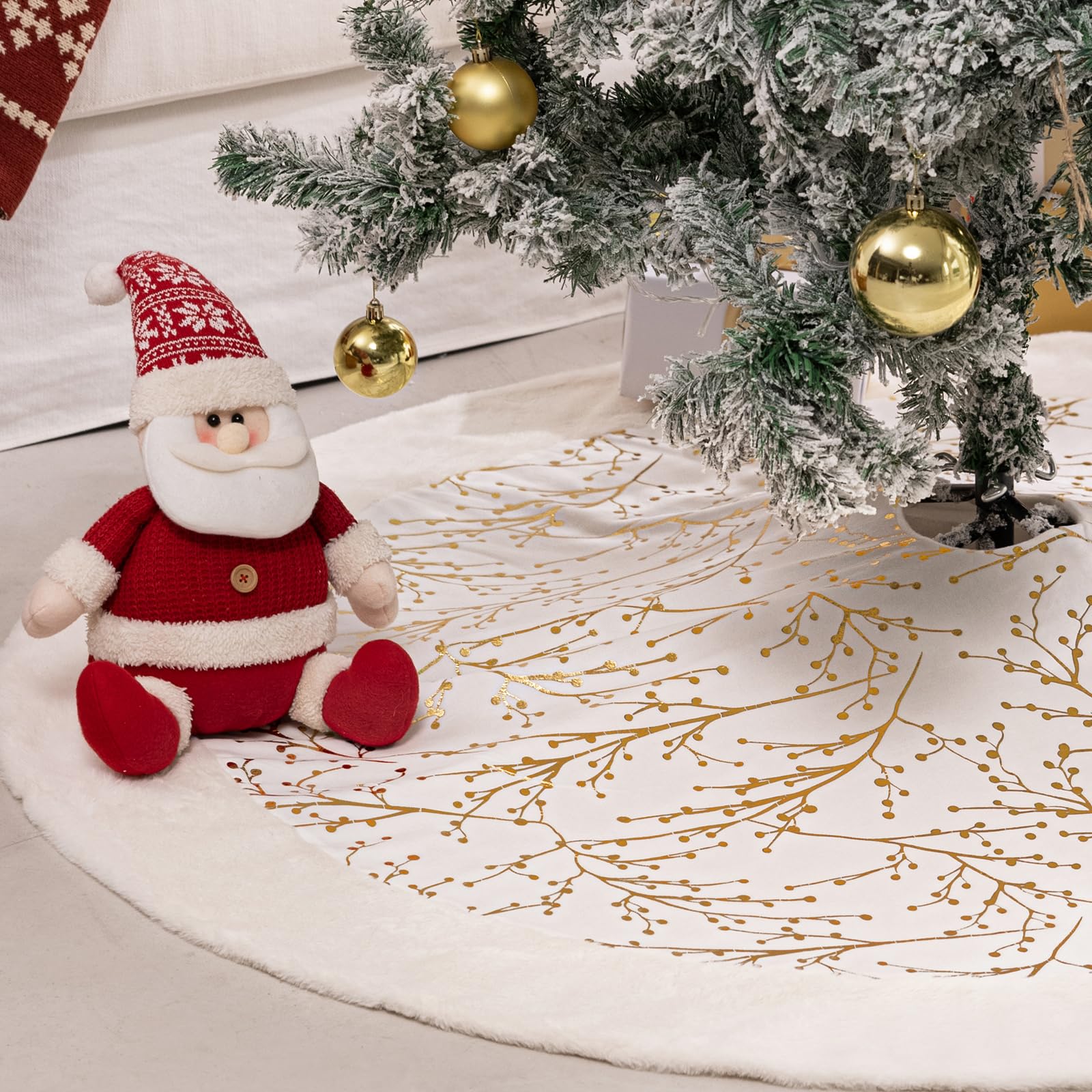Leisuremix Christmas Tree Skirt 90cm / 36 Inch Gold White Xmas Tree Skirts for Christmas Party Home Decor, Soft Velvet Tree Skirt, Christmas Decorations Tree Mat for Holiday Party Decor