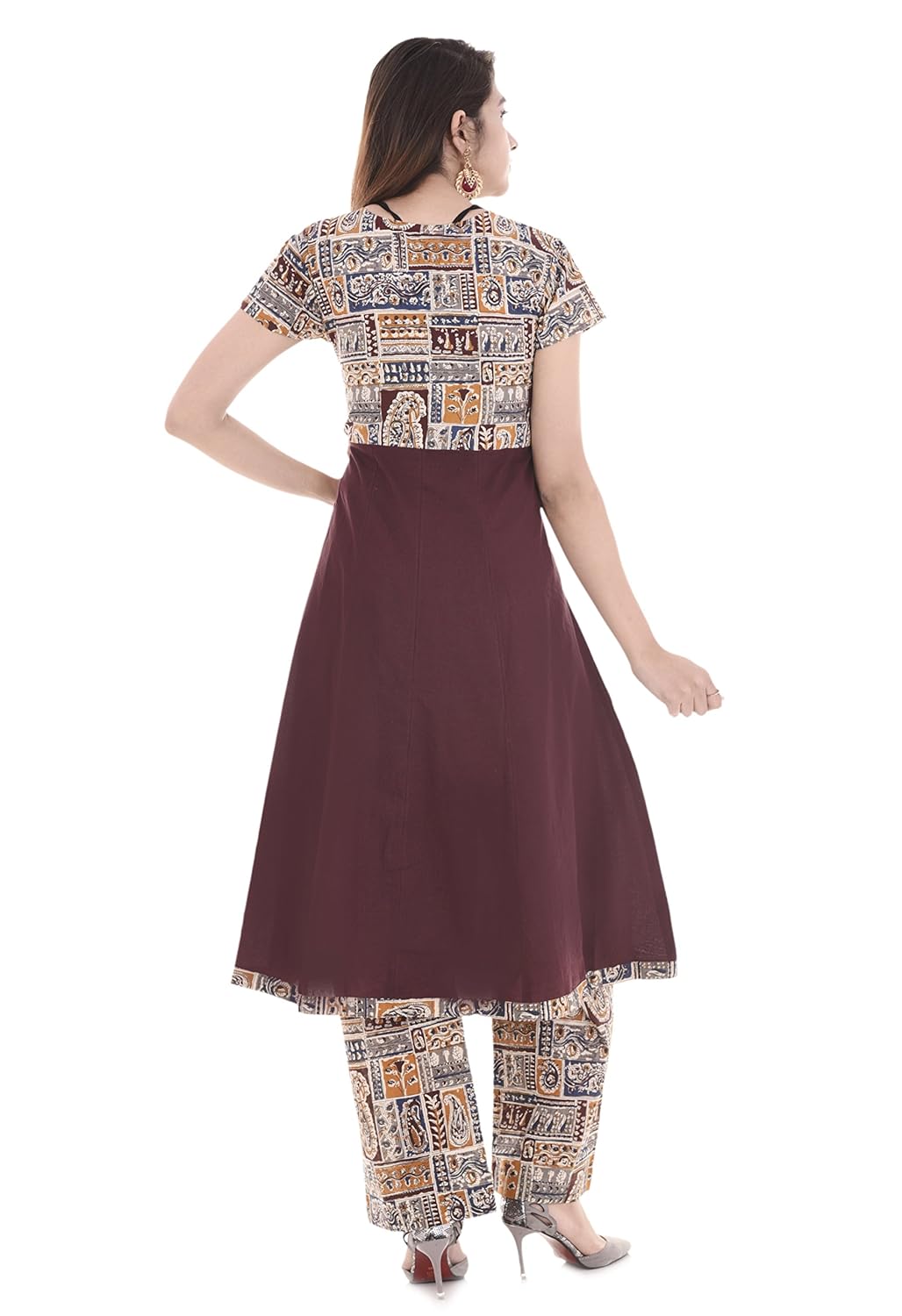 palakh women's cotton dark brown a-line block printed kurti with printed palazzo