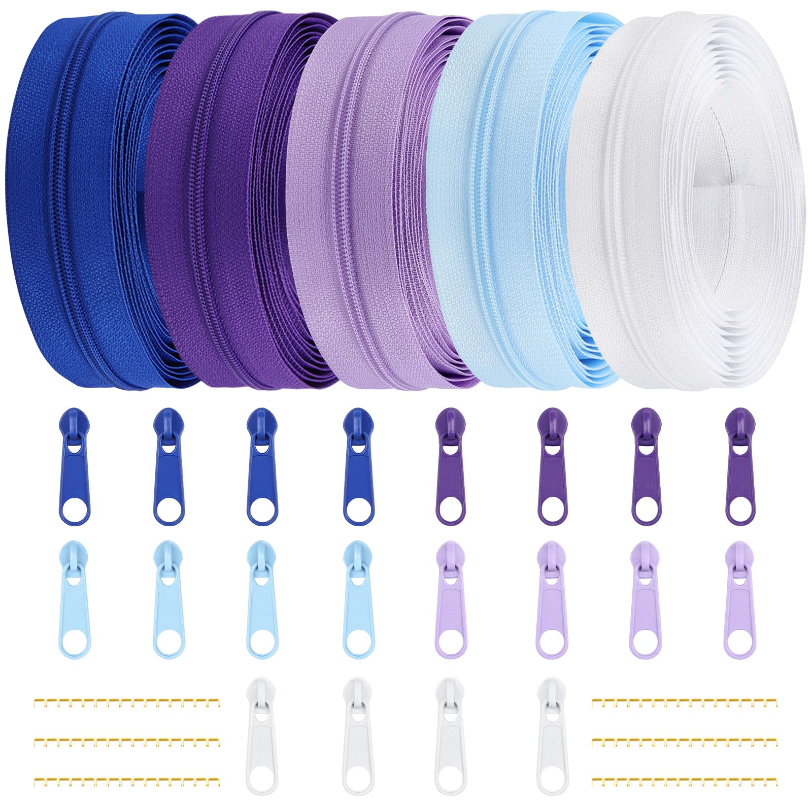 DOITEM 15.3 Yards/ 14 m 5 Pieces Assorted Colors #3 Nylon Coil Zippers, Sewing Zippers Endless Zips with 20 Pieces Zipper Sliders Zip Heads for DIY Sewing Tailor Craft Supplies (Purple Blue White) — image 1