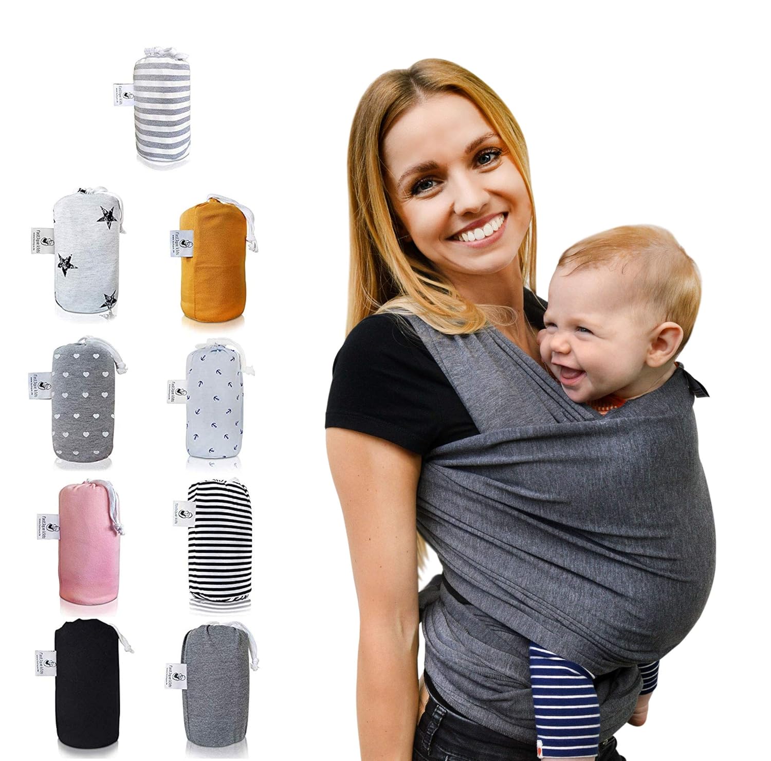 Fastique Kids® Tragetuch - elastisches Babytragetuch für Früh- und Neugeborene + Anleitung (5,2m x 0,55m, grau)