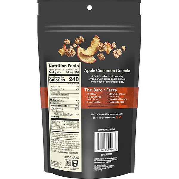BARE GRANOLA, APPLE CINNAMON, 7G FIBER, WHOLE GRAINS, HEART HEALTHY, REAL FRUIT PIECES, 11 OZ BAG