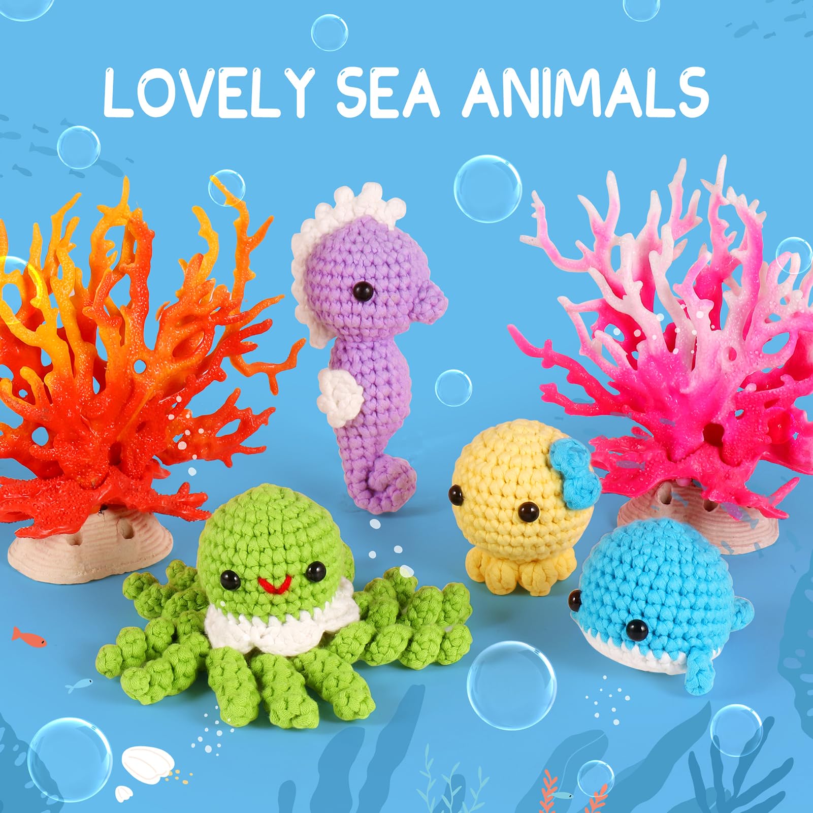 Pllieay Crochet Kit for Beginners, Beginner Crochet Kit for Adults & Kids with Step-by-Step Video Tutorials, Knitting Kit, 4 Pattern Crochet Animal Kit - Whale, Jellyfish, Sea Horse and Octopus