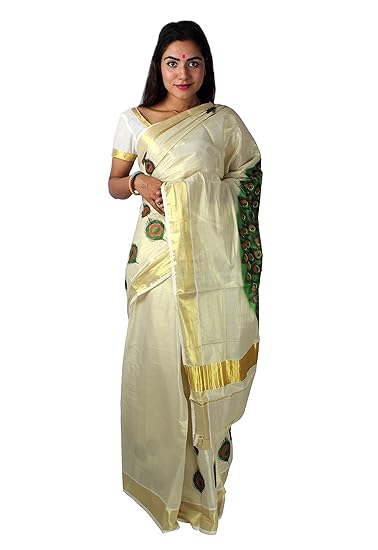 Jagasree Collections Stunning Duo Peacock Print Kerala Kasavu tissue saree with Blouse