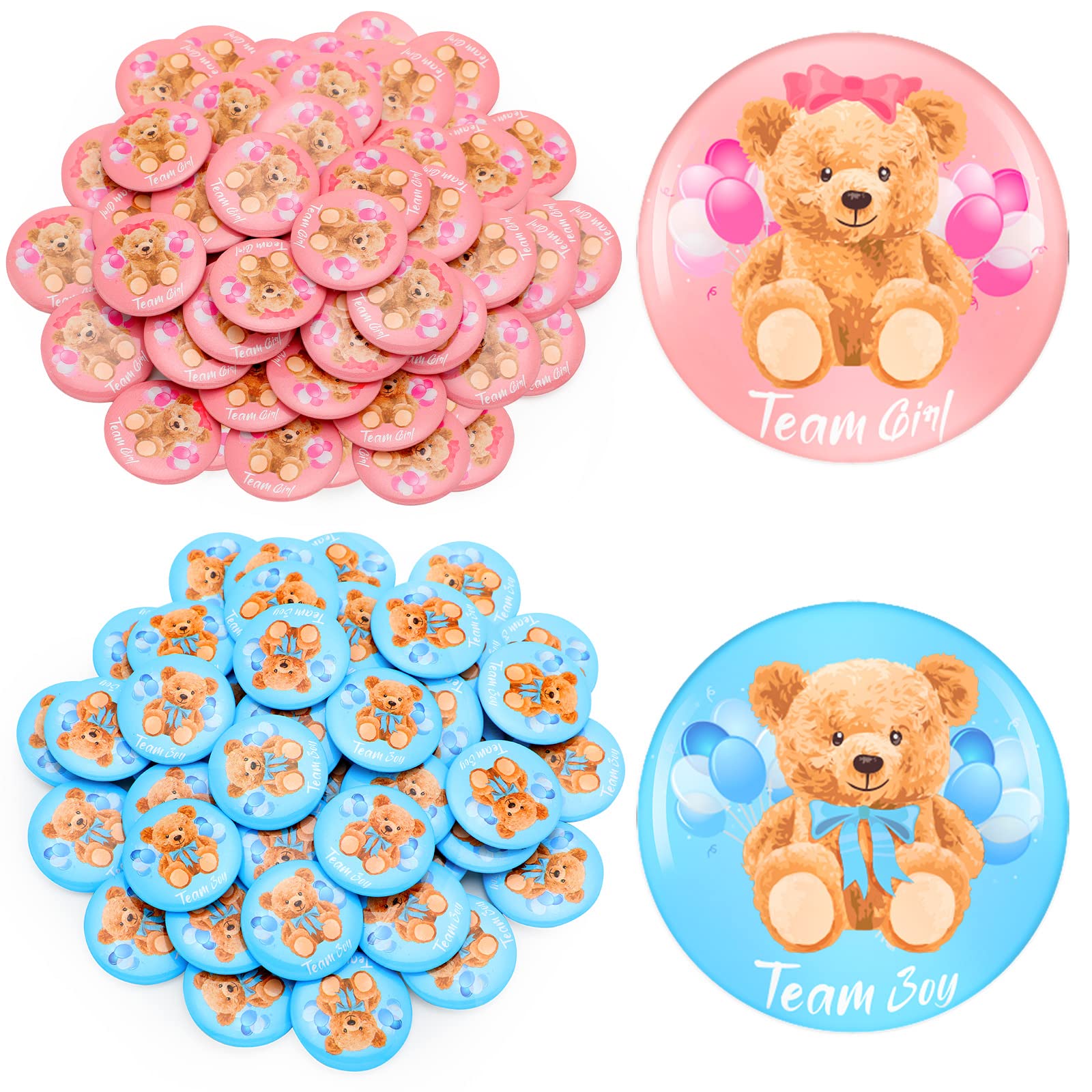 Photo 1 of Dingion 100 Pcs Bear Baby Shower Gender Reveal Buttons Team Pink Blue Gender Reveal Button Pins Watercolor Baby Shower Badges Pins for Party Game Supplies, 1.5 Inches