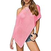 RPYHF Womens Summer One Shoulder Knit Sheer Poncho Trendy Lightweight Asymmetric Shrug Pullover Sweaters