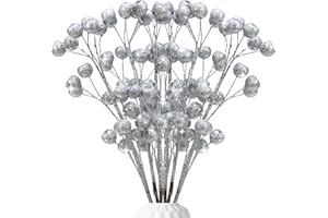 FlyingMage Large Silver Artificial Glitter Berry Stems Clearance, 17.71" Big Silver Berry Branches for Christmas Tree Picks Ornaments Wedding DIY Xmas Wreaths Vase Table Centerpieces Decor