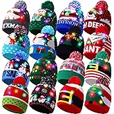 Suhine 16 Pcs LED Christmas Hat, Christmas LED Light up Knitted Beanie Hat Xmas Beanie Cap with Pompom Winter Knitted Hat