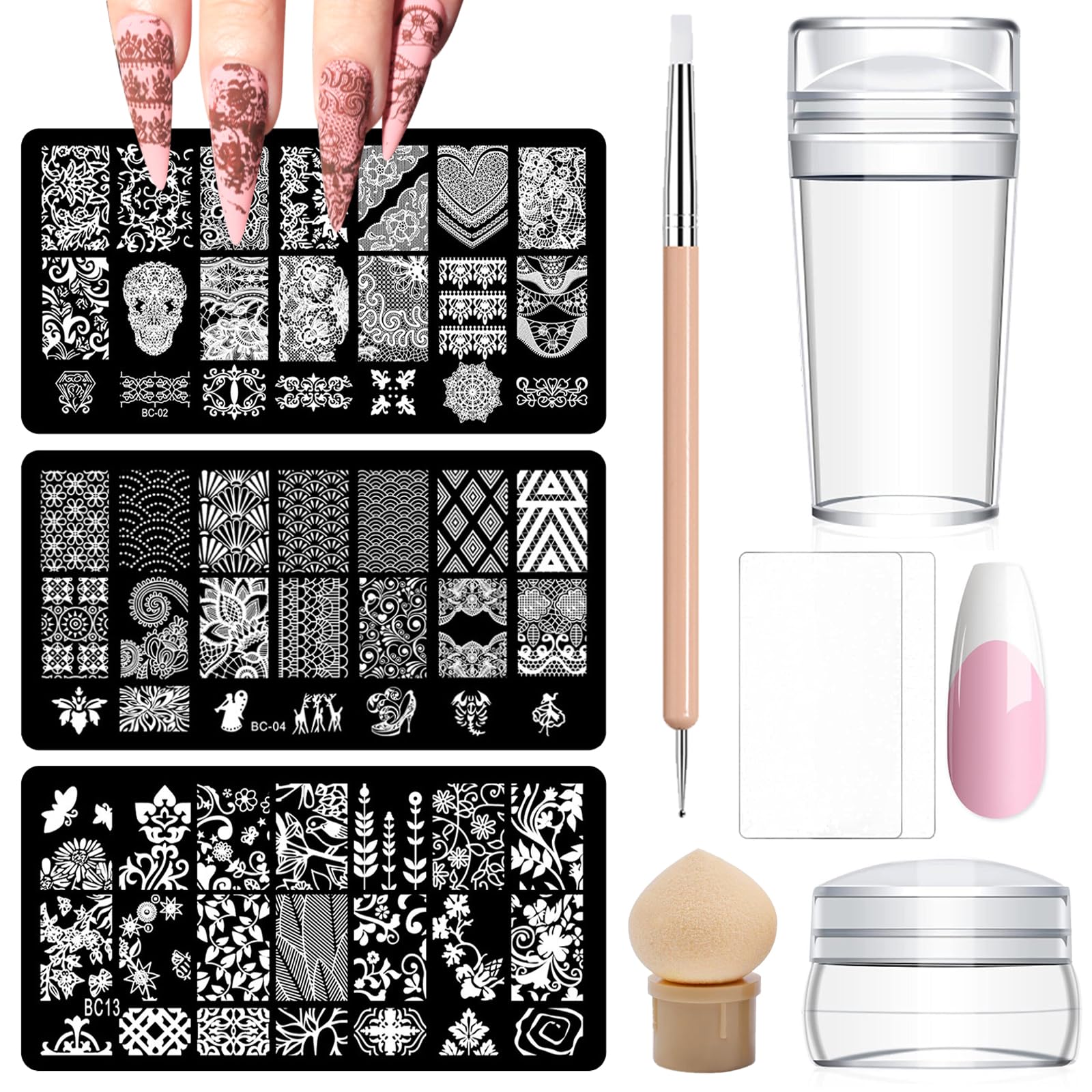 TYXHXTF Pack Of 9 French Nail Stamp Kit,Nail Art Stamping Templates Manicure Tool Kit,Nail Art Jelly Stamper With Silicone Cushion,Nail Stamp,Gel Nail Polish Set For Diy Nail Art Designs